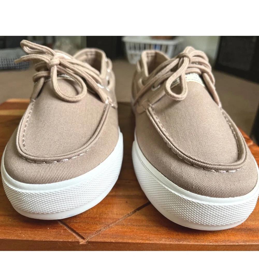 Nautica Spinnaker Twill Mens 9.5 Tan Boat Shoes Canvas Loafers NEW